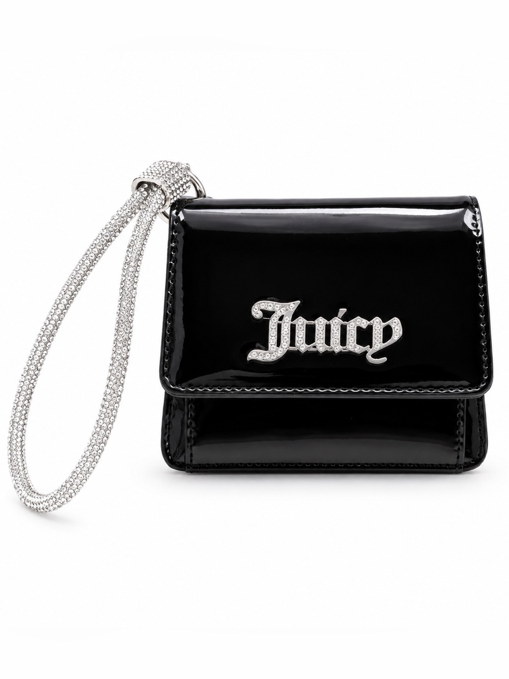 Juicy Couture Black Patent Wristlet Wallet Rhinestone Strap Card Holder